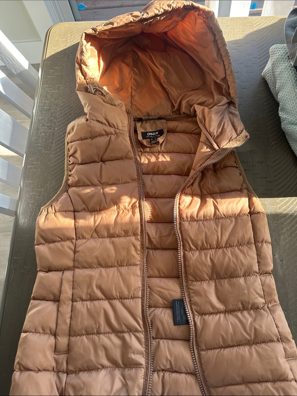 ONLY Quilted Hooded Puffer Vest in Camel Brown
